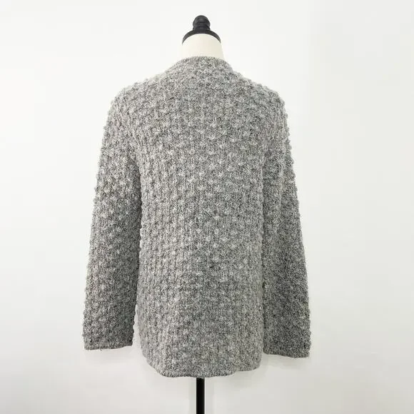 Vintage Le Roy Pom Pom Knit Cardigan Gray Wool Open Front Preppy Twee Size L - Picture 6 of 10